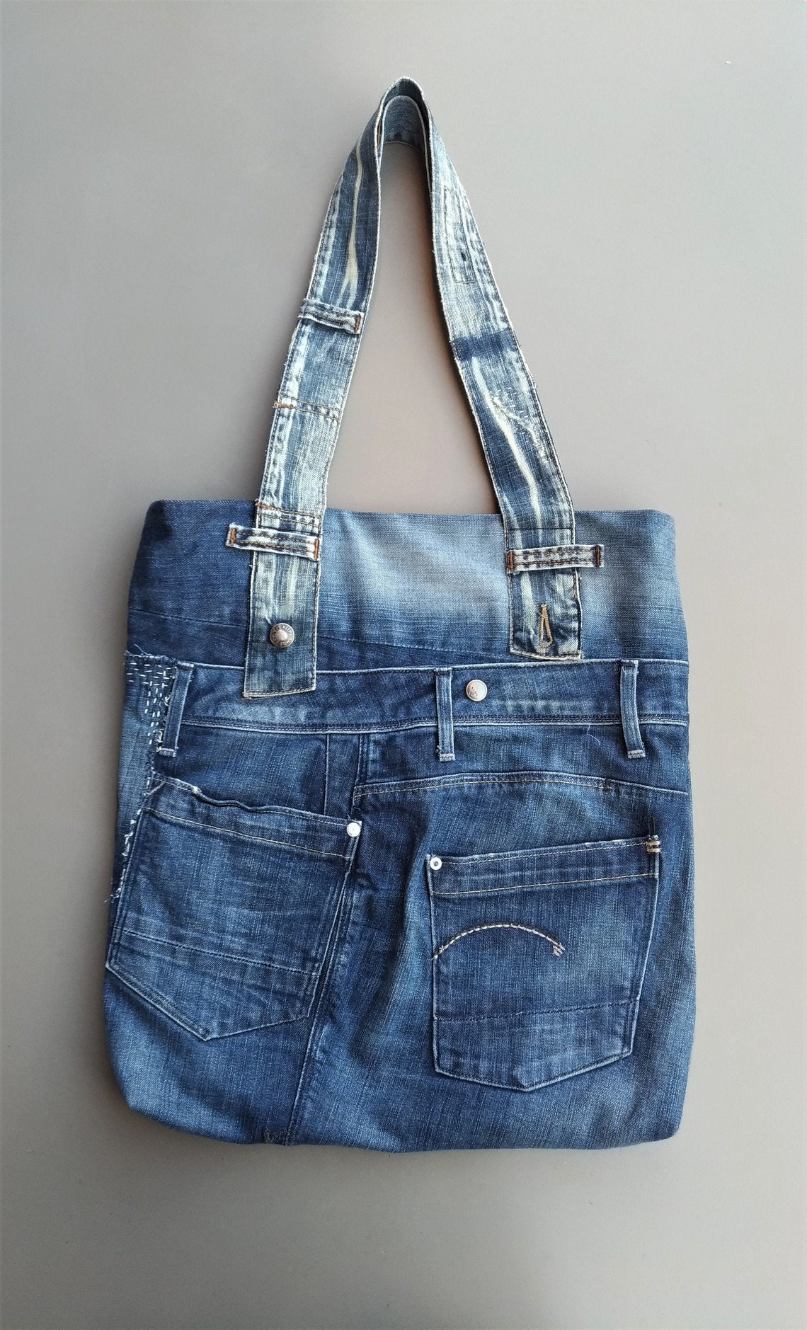 Denim Tote Bag Patchwork Denim Bag Recycled Jeans Shoulder - Etsy