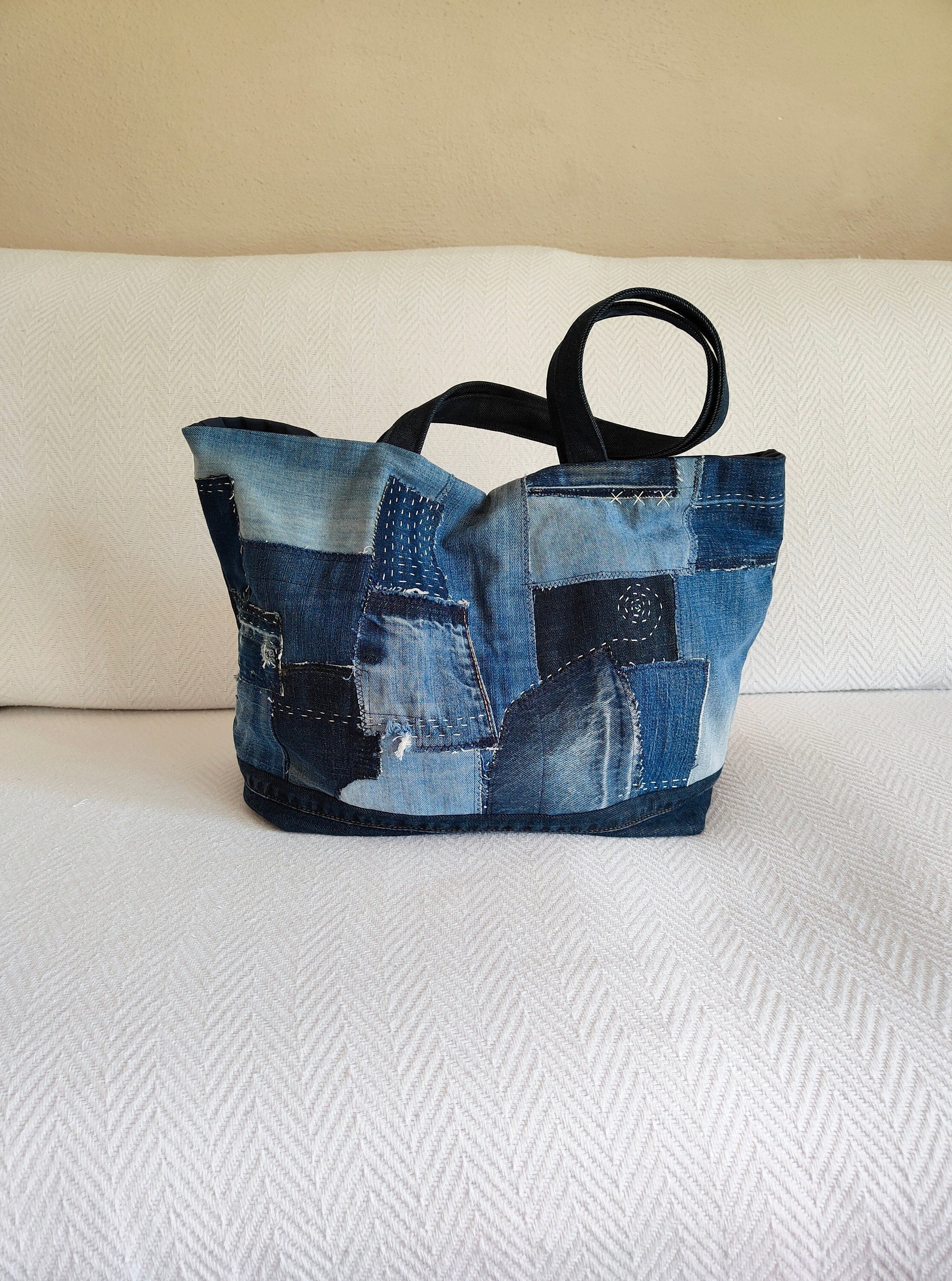 Upcycled Denim Patchwork Bag Sashiko Embroidery Bag Boro 