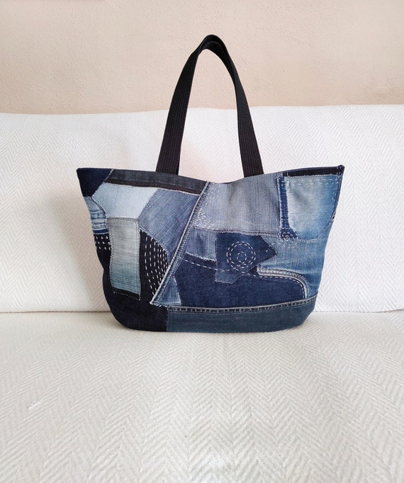 Patchwork Denim Bag Boro Sashiko Embroidery Tote Bag 