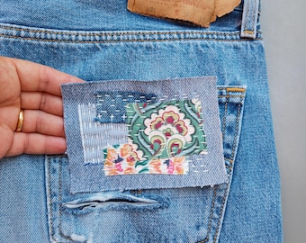 Floral Denim Patch, Sashiko Stitched Applique, Mend Repair Sew on Patch, Hippie Boho Fabric for Upcycling