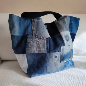 Recycled Denim Bag, Patchwork Denim Tote Bag, Extra Large Shoulder Bag, Boro Bag, Upcycled Jeans Oversize Bag, Repurposed Denim Bag