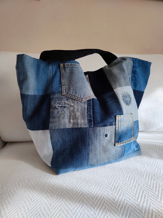 Recycled Denim Bag Patchwork Denim Tote Bag Extra Large 