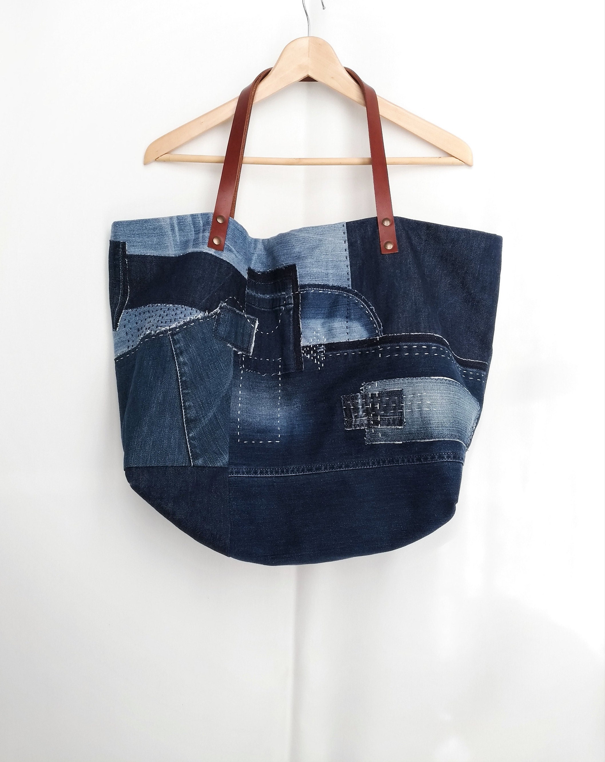 Upcycled Denim Bag XXL Denim Shoulder Bag Boro Sashiko Hand | Etsy