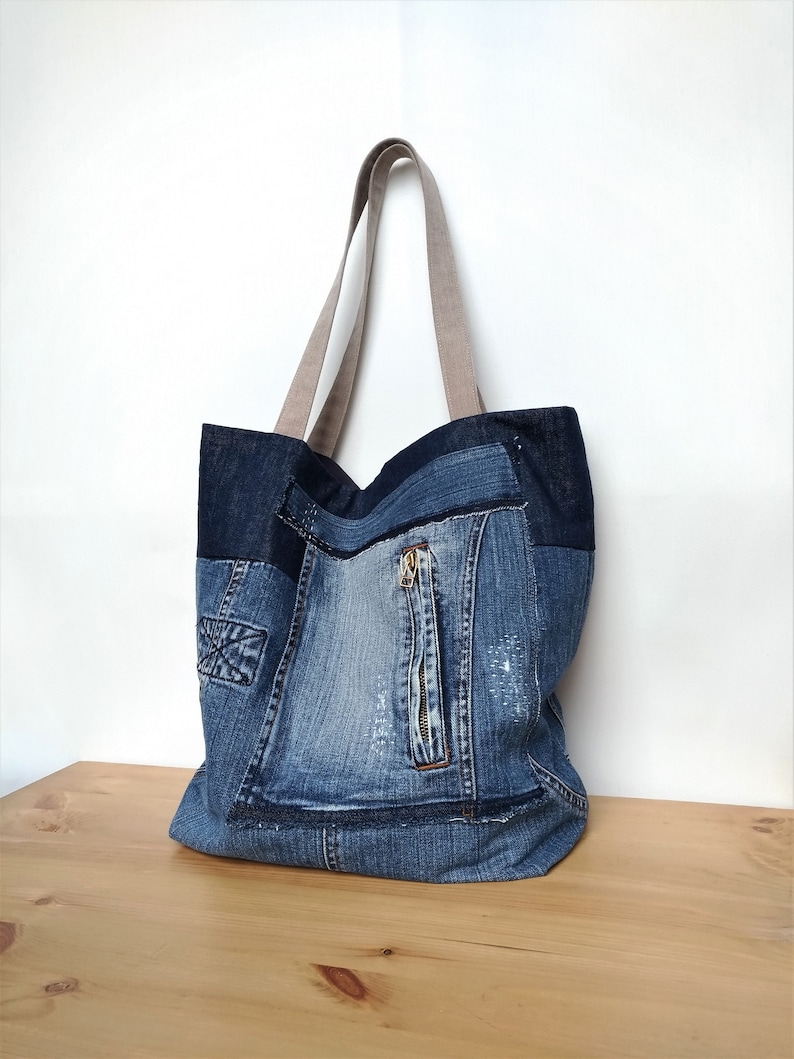 Denim tote bag Patchwork jeans bag Recycled jeans bag | Etsy