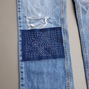 Blue denim patch, Hand stitched Sashiko applique, Jeans mend repair, Blue denim sew on patch, Jeans embellishment