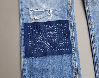 Remendo de jeans azul, Aplique Sashiko costurado à mão, Reparo de jeans, Remendo de jeans azul para costura, Enfeite de jeans