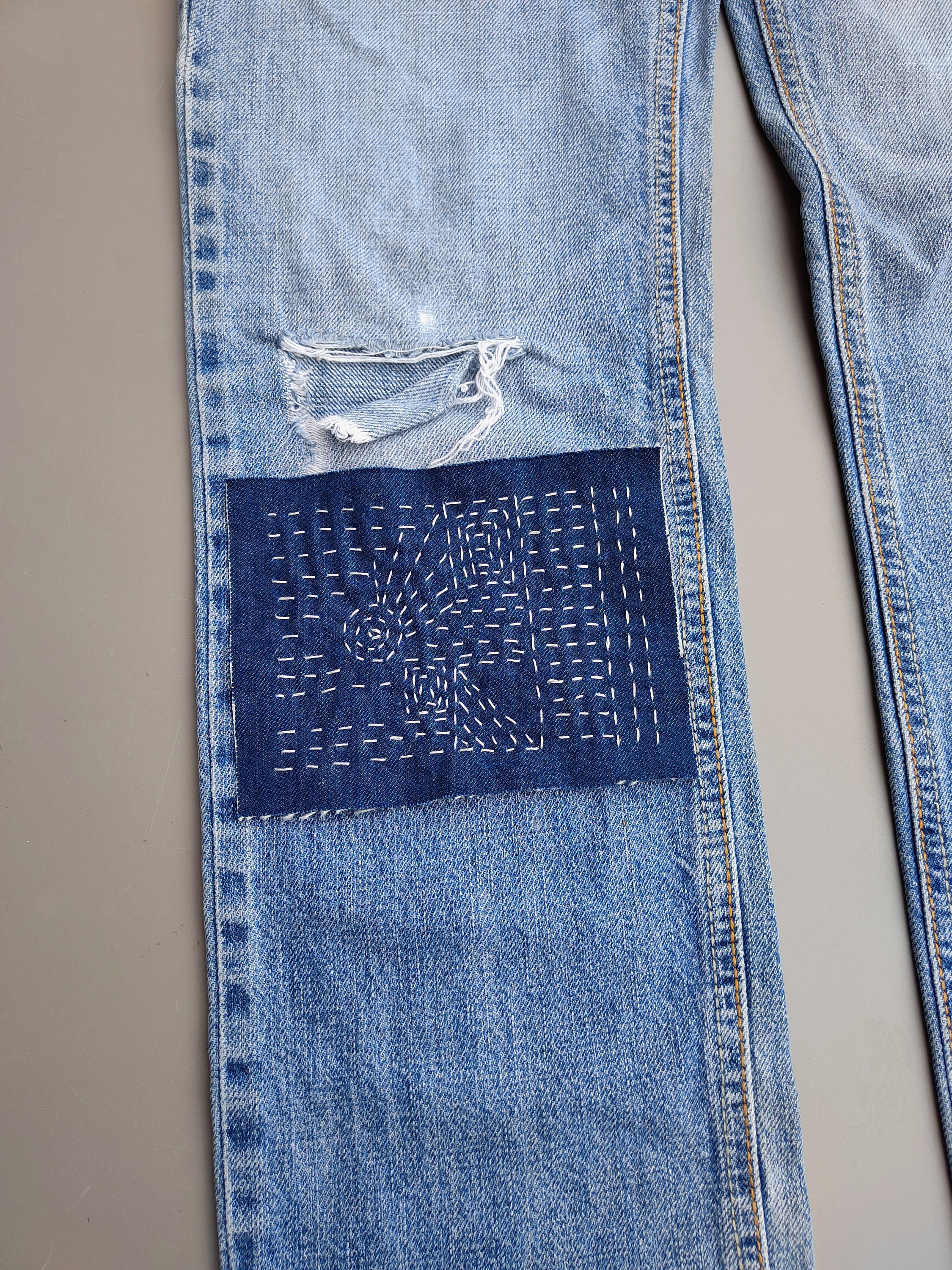 Boro Denim Patch, Hand Embroidered Sashiko Applique, Jeans Mend Repair, Sew on Patch, Jeans Embellishment