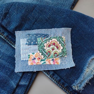 Hippie Jeans Patch, Floral boho upcycled jeans patch, Sashiko hand stitch boro applique, Jeans mend repair applique, Sew on patch