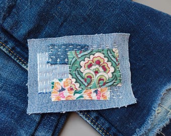Patch de jeans hippie, patch de jeans reciclado com estampa floral boho, aplique boro costurado à mão Sashiko, aplique de reparo de jeans, patch para costura