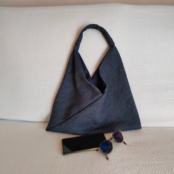 Dark blue Linen origami bag, Triangle shoulder bag, Minimalist bag, Japanese azuma bag, Linen hobo bag, Dark blue linen purse