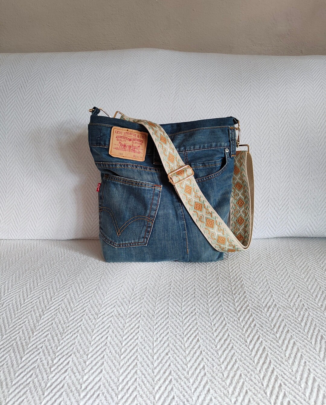 Upcycled Denim Crossbody Bag Jacquard Guitar Strap, Recycled Jeans Bag