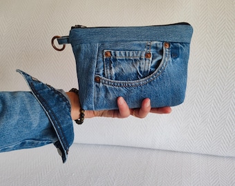 Estuche de mezclilla reciclada, organizador de bolsos, neceser de maquillaje de mezclilla reutilizada, estuche con cremallera ecológico hecho a mano