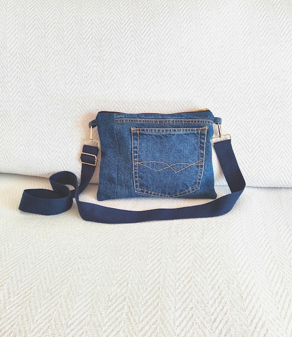 Upcycled Denim Crossbody Bag, Repurposed Jeans Purse, Essential Sling Bag Handmade