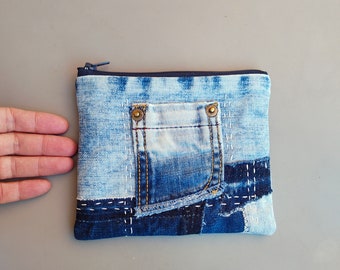 Upcycled denim pouch, Zippered purse sashiko stitch, Boro denim patchwork mini wallet, Card holder, Bag organizer, Recycled jeans coin purse