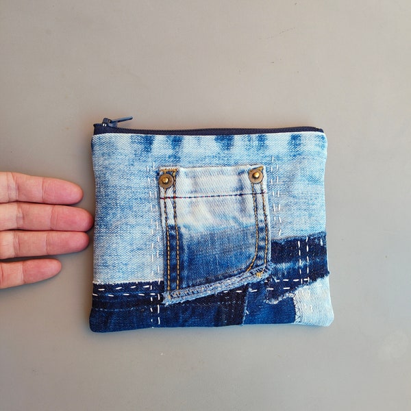 Pochette en denim recyclé, sac à main zippé point sashiko, mini portefeuille en patchwork de denim Boro, porte-cartes, organisateur de sac, porte-monnaie en jean recyclé