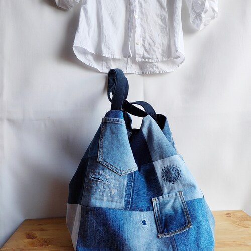 Recycled Denim Bag, Patchwork Denim Tote Bag, Extra Large Shoulder Bag, Boro Bag, Upcycled Jeans Oversize Bag, shops Repurposed Denim Bag