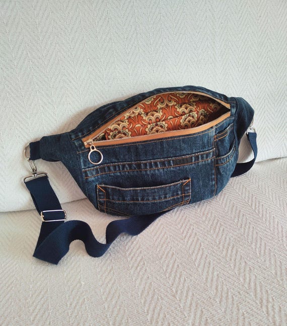 Large Denim Bum Bag, Upcycled Blue Jeans Crossbody Bag, Sling