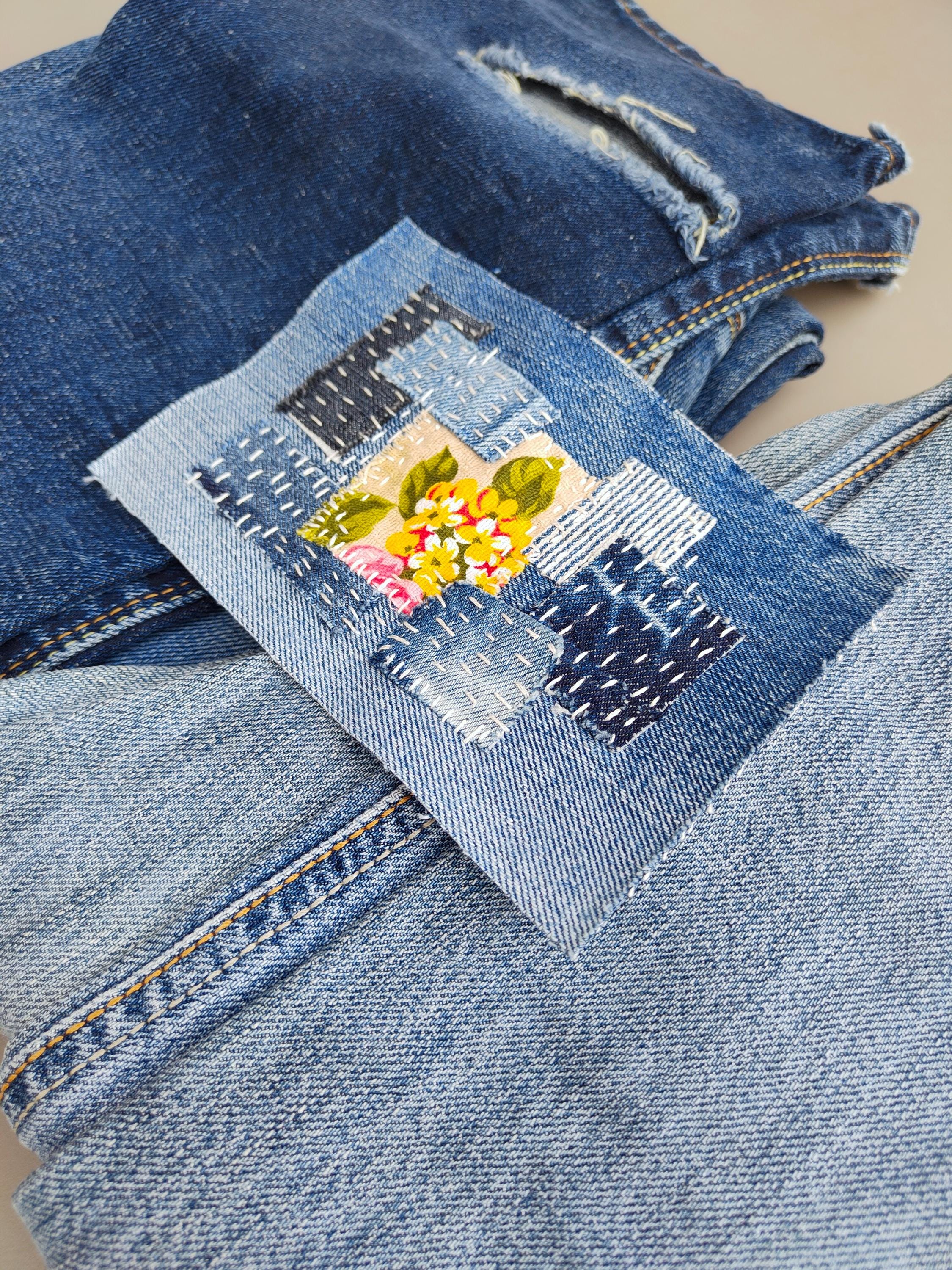 Remendo de jeans boho, Remendo bordado Sashiko, Aplique de jeans Boro, Remendo de reparo de jeans, Enfeite de jeans hippie floral