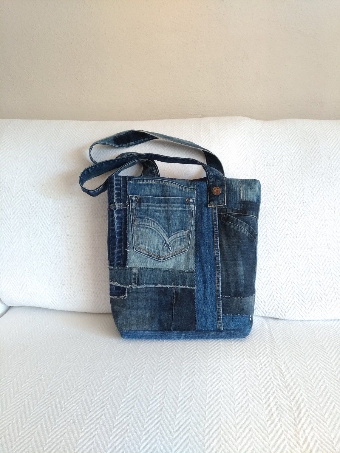 Patchwork Denim Tote Bag Upcycled Denim Bag Recycled Jeans | Etsy
