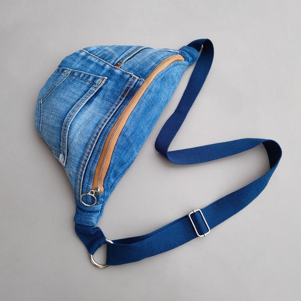 Upcycled denim fanny pack, Recycled denim crossbody bag, Denim bum bag, Repurposed denim sling bag, Festival bag