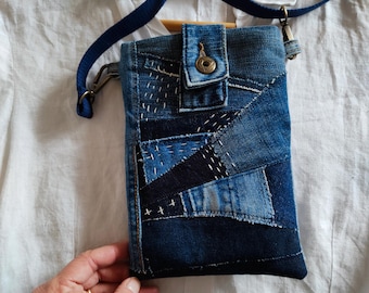 Bolso bandolera pequeño de mezclilla reciclada, bolso para teléfono de mezclilla reciclada, bolso de mezclilla Boro, monedero para teléfono celular de jeans reciclados, bolso bandolera de mezclilla hecho a mano