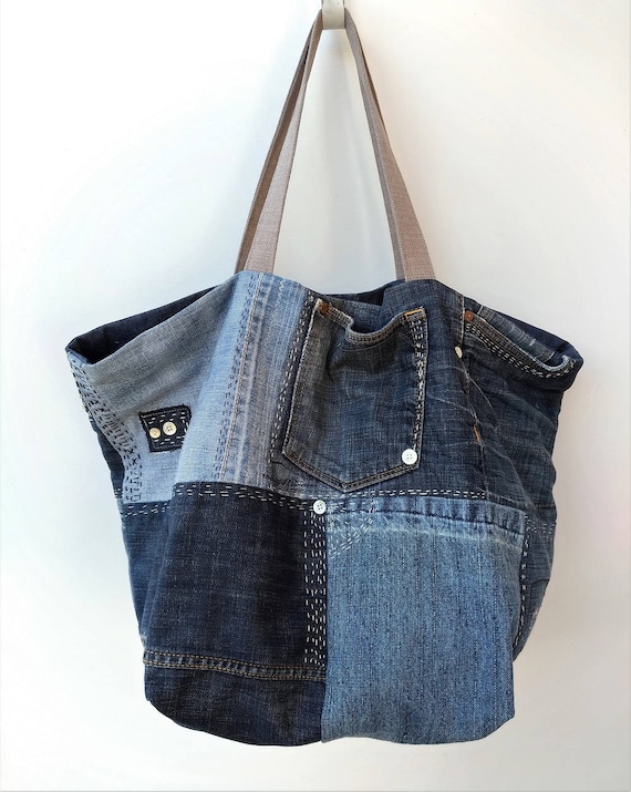 Large denim bag Jeans recycle bag Shoulder bag Upcycled Etsy