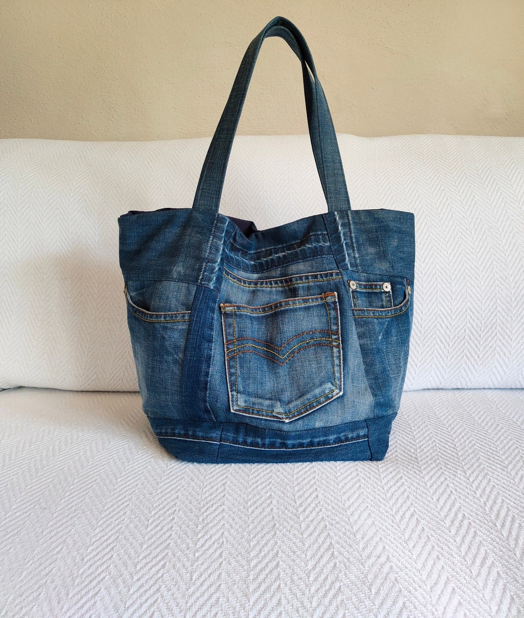 Denim Bag Large Jeans Shoulder Bag Upcycled Denim Patchwork - Etsy