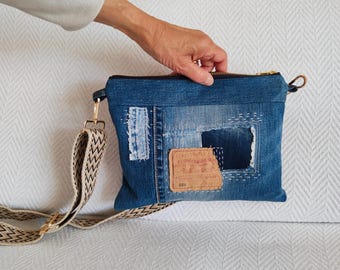 Crossbodytas van gerecycled denim, tas met jacquardband, handgemaakte Boro schoudertas