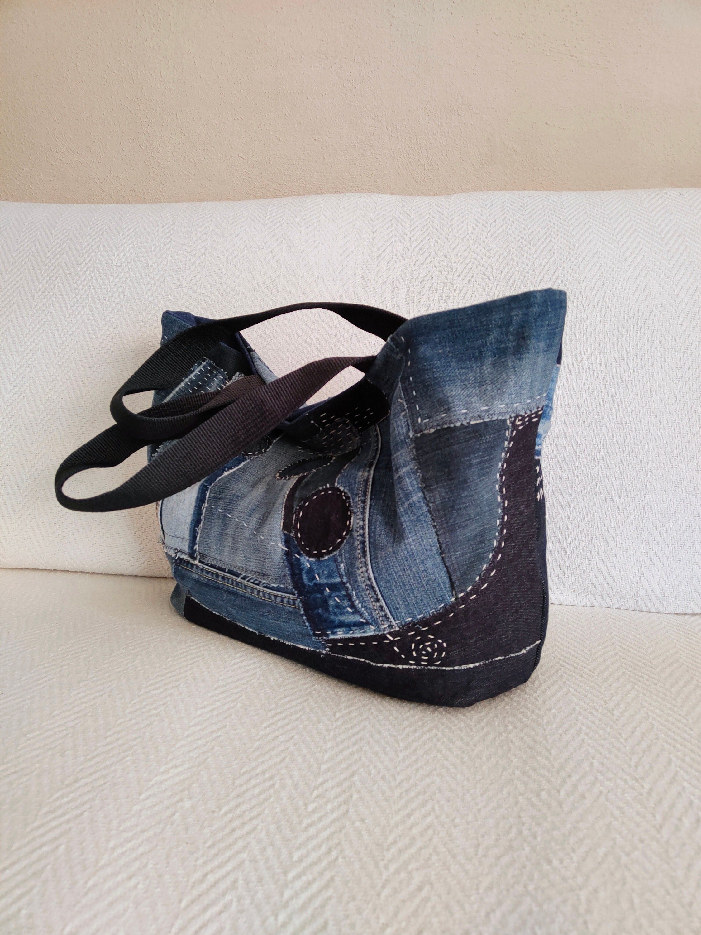 Are you wearing jeans? Me too. I also make bags out of them, unique  handmade bags made of high-quality recycled materials. Romantic eco  shoulder bag patchwork and boro Tote bag made of