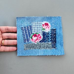 Boho jeans patch, Embellishment denim upcycle, Hippie floral patch, Sashiko boro hand stitch applique, Jeans mend repair sew on patch