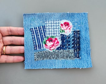 ボヘミアンフローラルジーンズパッチ、刺し子ボロ、手縫いデニムアップリケ