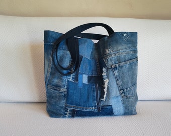 Borsa patchwork in denim, Borsa da spalla jeans riciclato, Maxi borsa denim con toppe, Shopper ecologica