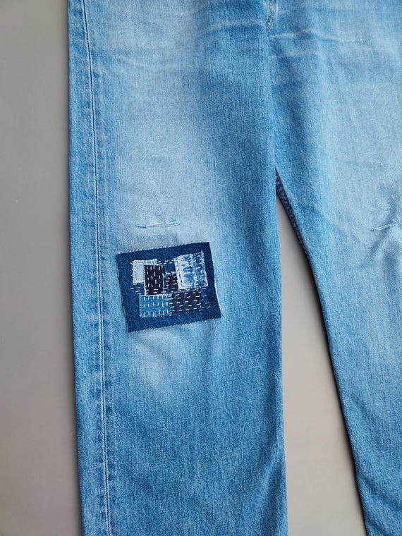 Boro Denim Jeans Patch, Hand Stitch Sashiko Applique, Blue Jeans