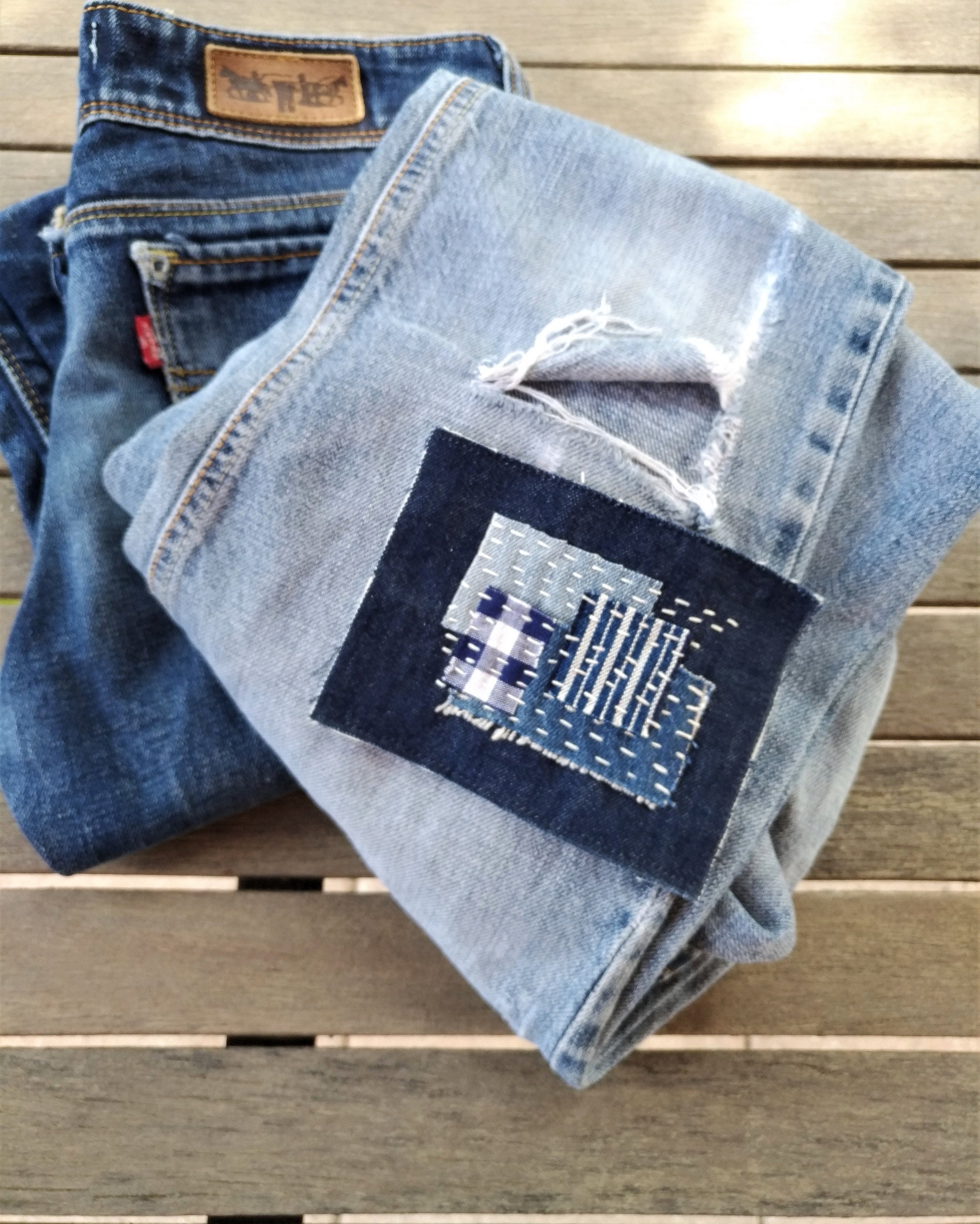 Boro Denim Applique from Recycled Jeans Sashiko Hand Stitch | Etsy