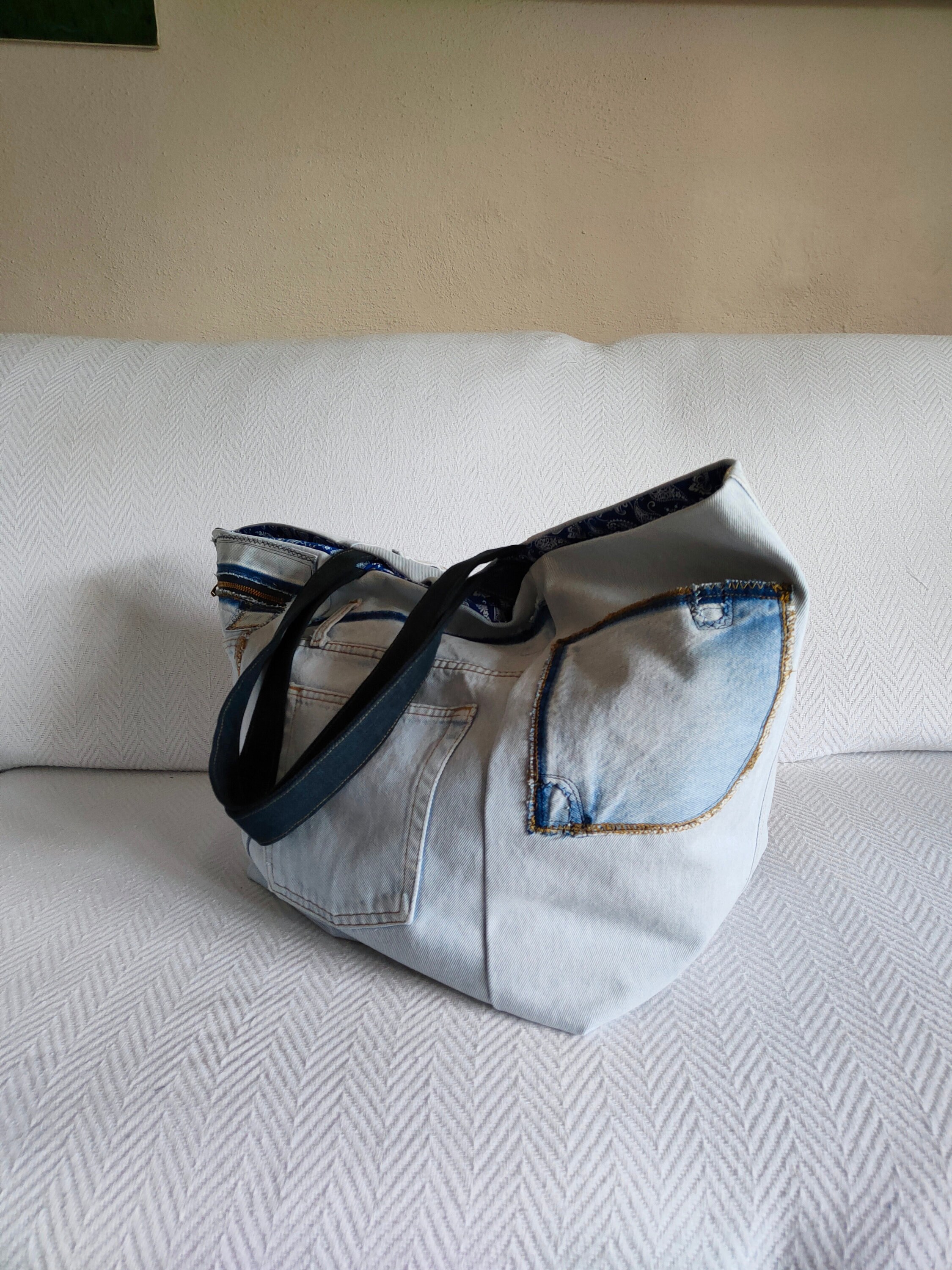 Upcycled Denim Tote Extra Large Denim Shoulder Bag Light Etsy