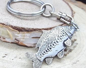 Mirror Carp Fish Keyring (Silver Pewter Key Chain in a Burlap Gift Pouch)