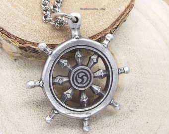 Wheel of Dharma Buddhist Pewter Pendant with Chain and a Grey Burlap Pouch