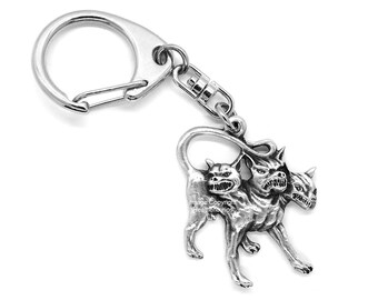 Cerberus Guardian Dog of Hades Push Gate Keyring with Grey Burlap Pouch