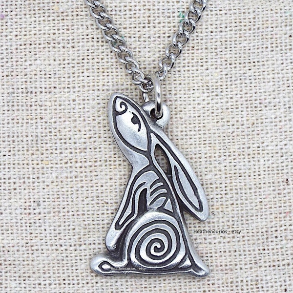 Celtic Spiral Moon Gazing Hare Pewter Pendant with Chain and Lemon Pouch