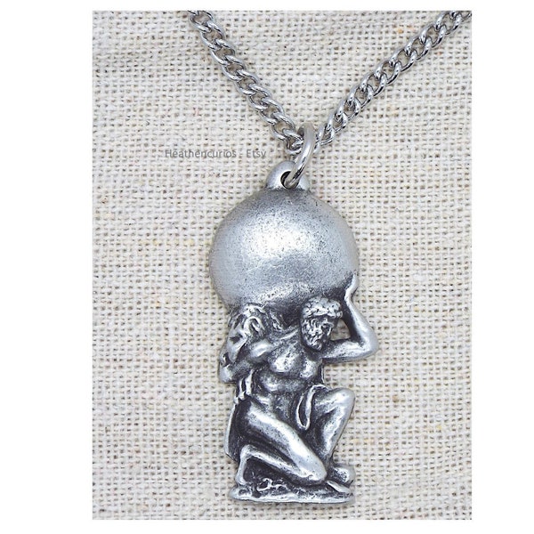 Atlas the Titan Pendant (pre Olympian Greek God) with Curb Chain Necklace and Grey Burlap Pouch