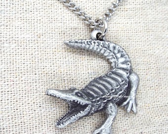 Crocodile Pendant with Curb Chain Necklace and Grey burlap pouch