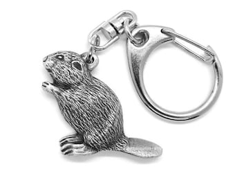 Beaver Pewter Push Gate Keyring with Grey Burlap Pouch