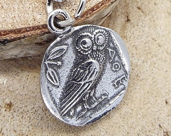 Small Round Owl of Minerva Athena Pendant  (double sided) with Steel Chain and Lemon Pouch