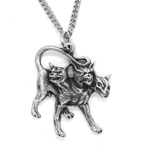 Cerberus Pewter Pendant (Three Headed Guardian Dog of the Underworld Hades) with Curb Chain Necklace and Grey Burlap pouch