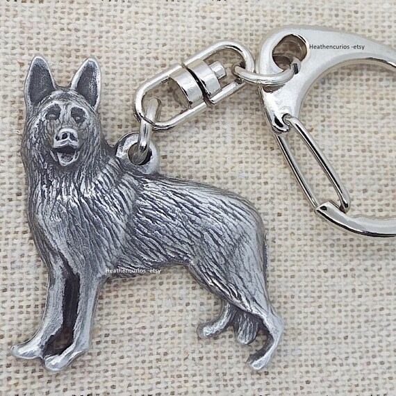 Silver German Shepard Key Ring German Shepherd Alsatian Dog Pewter Pushgate Keyring in Burlap Pouch