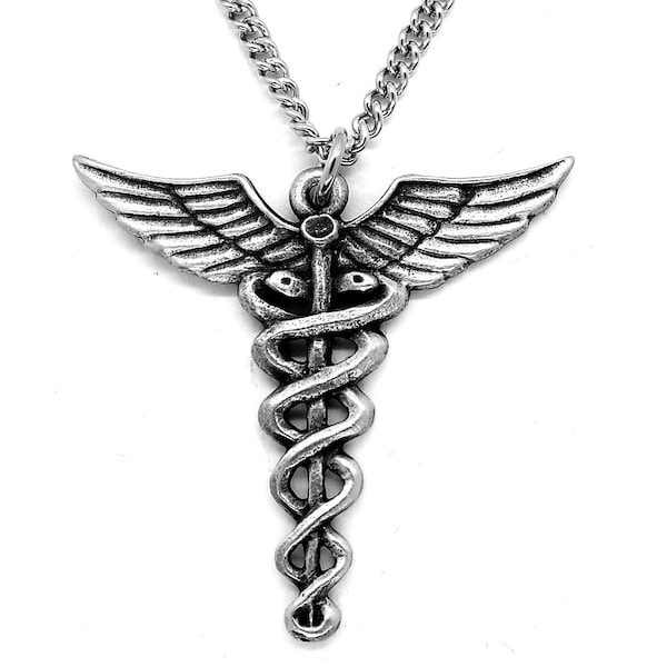 Caduceus Pewter Pendant (Staff of Hermes) with Curb Chain Necklace and Grey Burlap Pouch