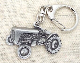Vintage Farm Tractor Pewter Pushgate Keyring in  Burlap Grey Pouch