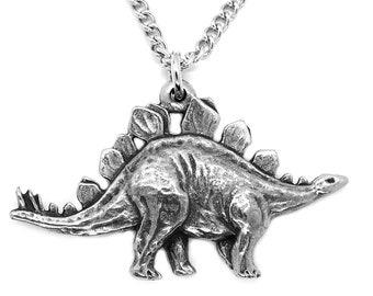 Chunky Stegosaurus Dinosaur Pendant with curb Chain in a Grey Burlap Pouch