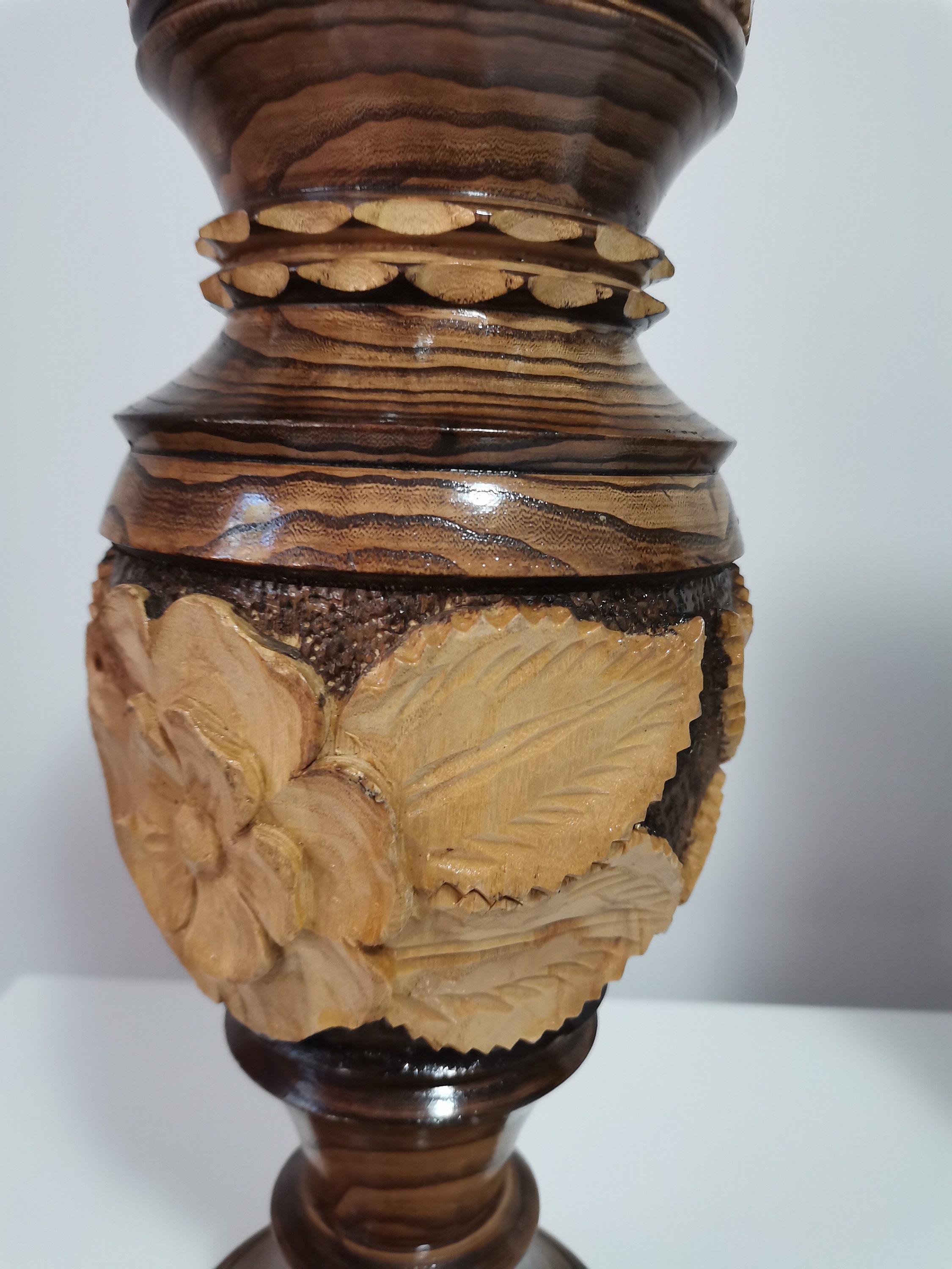 Wood Carved Handmade Wooden Flower Engraved Decorative Vase Vintage