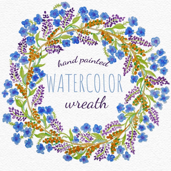 Lavender and Myosotis (forget-me-not) wreath watercolor clipart. Summer wedding invite. Hand painted wreath clipart. Floral wedding DIY